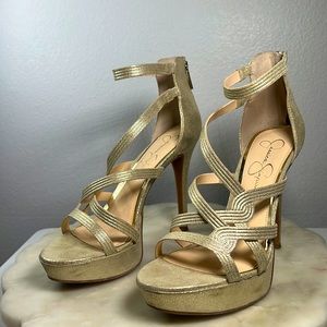 Jessica Simpson Bellanne Shimmer Strappy Stiletto Dress Sandal in Gold Sz 8.5